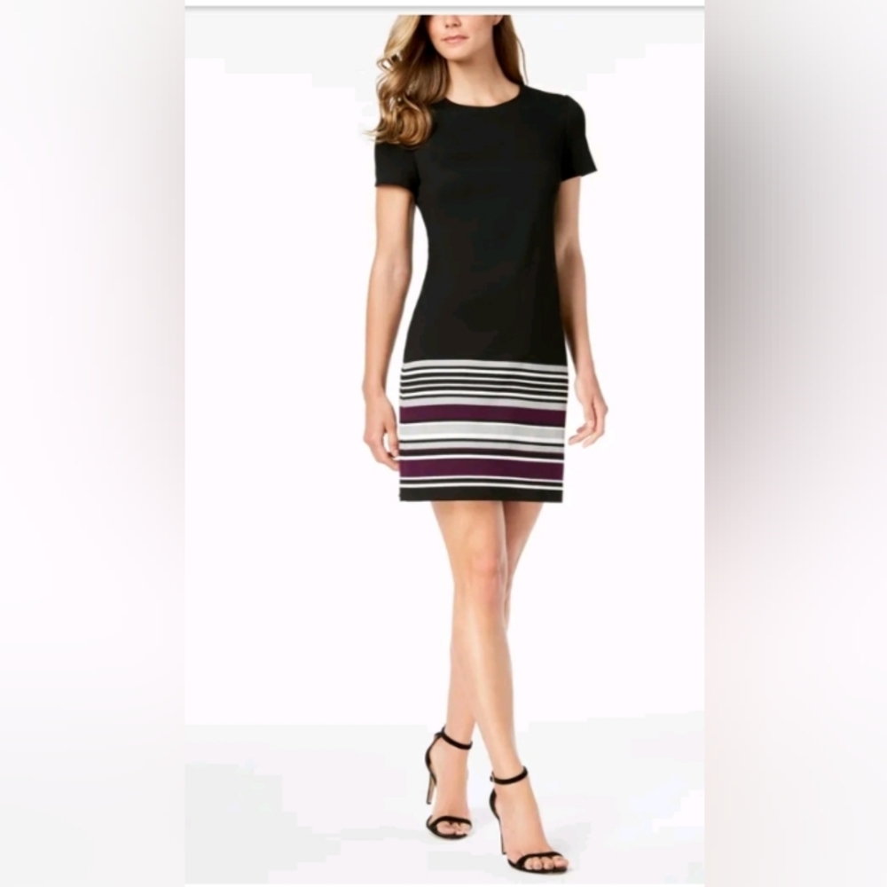 NWOT Calvin Klein Women striped Hem A line Dress Aubergine Multi 6